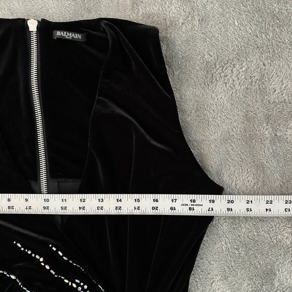 Balmain Black Velvet Embellished Ruched Slit Front Gown Dress size 46 - Picture 8 of 10